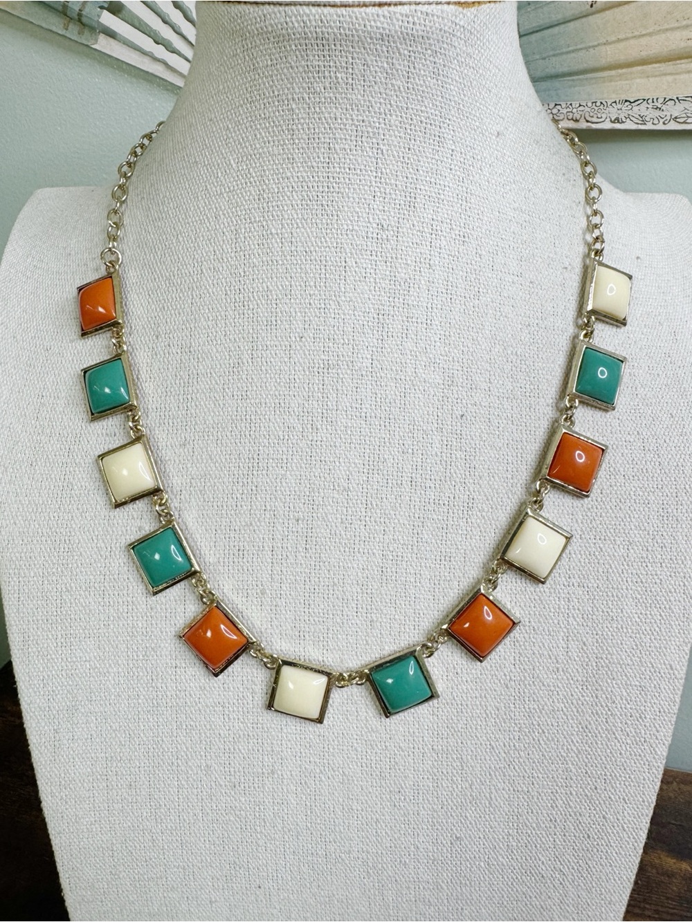Color-Block Square Pendant Necklace - Orange, Teal & Cream
